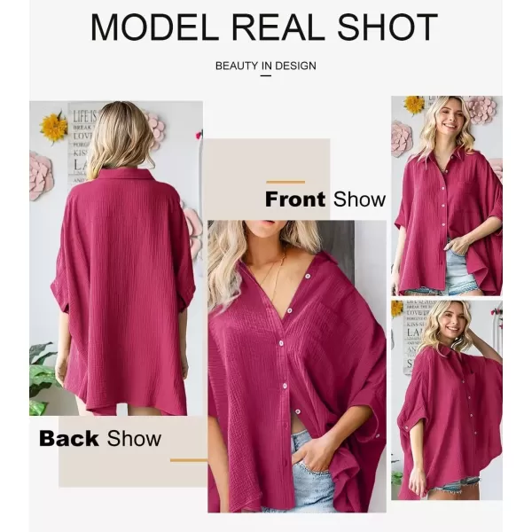 imageAstylish Women 2024 Oversized Button Down Shirt 34 Sleeve Blouse VNeck Textured TopsRed