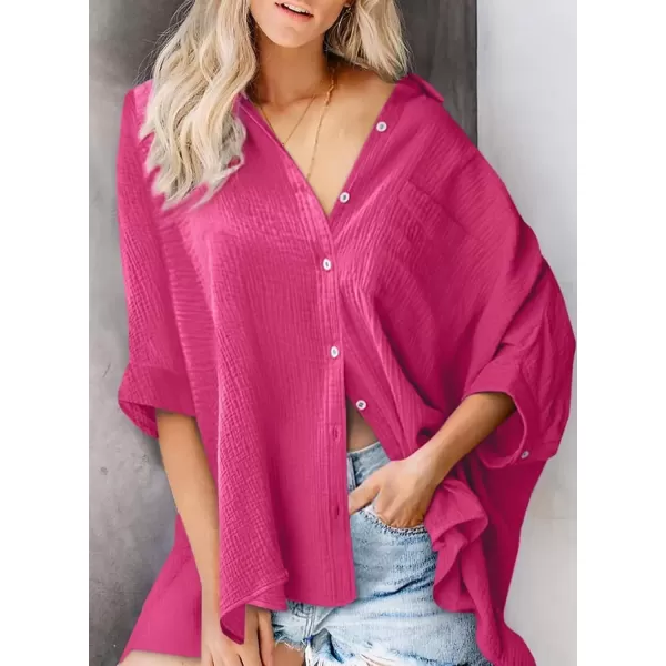 imageAstylish Women 2024 Oversized Button Down Shirt 34 Sleeve Blouse VNeck Textured TopsRed