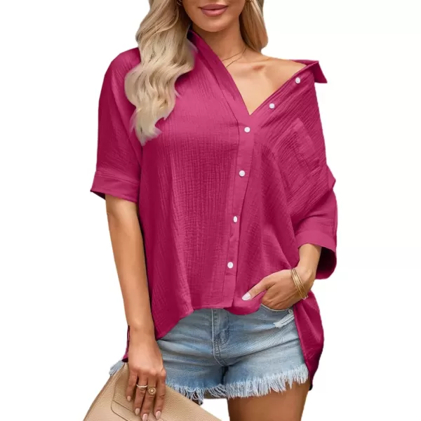 imageAstylish Women 2024 Oversized Button Down Shirt 34 Sleeve Blouse VNeck Textured TopsRed