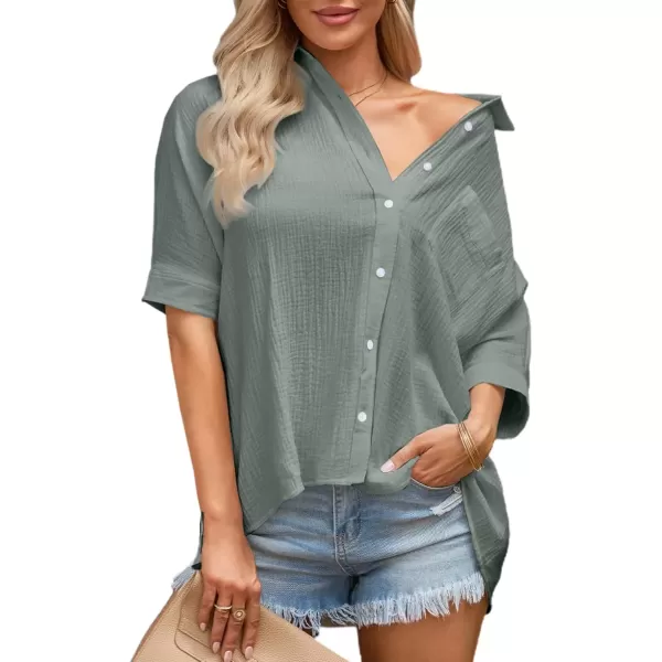 imageAstylish Women 2024 Oversized Button Down Shirt 34 Sleeve Blouse VNeck Textured TopsZa Gray