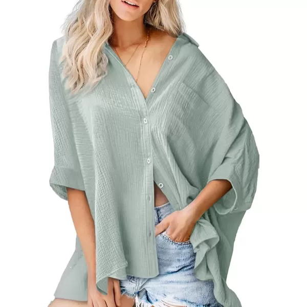 imageAstylish Women 2024 Oversized Button Down Shirt 34 Sleeve Blouse VNeck Textured TopsZa Gray