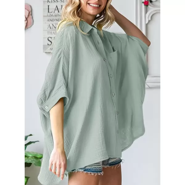 imageAstylish Women 2024 Oversized Button Down Shirt 34 Sleeve Blouse VNeck Textured TopsZa Gray