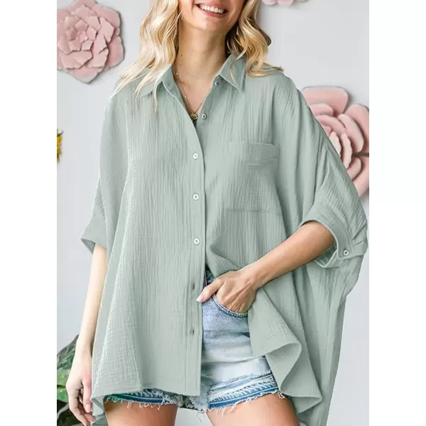 imageAstylish Women 2024 Oversized Button Down Shirt 34 Sleeve Blouse VNeck Textured TopsZa Gray