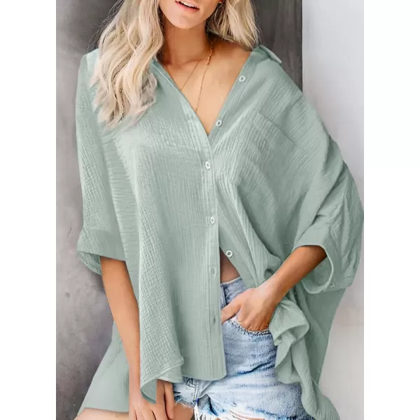 imageAstylish Women 2024 Oversized Button Down Shirt 34 Sleeve Blouse VNeck Textured TopsZa Gray