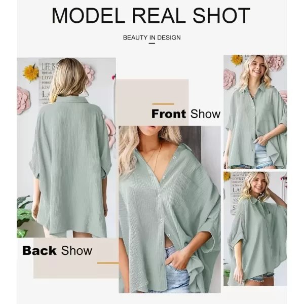 imageAstylish Women 2024 Oversized Button Down Shirt 34 Sleeve Blouse VNeck Textured TopsZa Gray