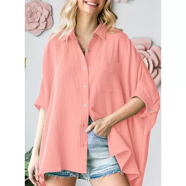 imageAstylish Women 2024 Oversized Button Down Shirt 34 Sleeve Blouse VNeck Textured TopsZa Pink