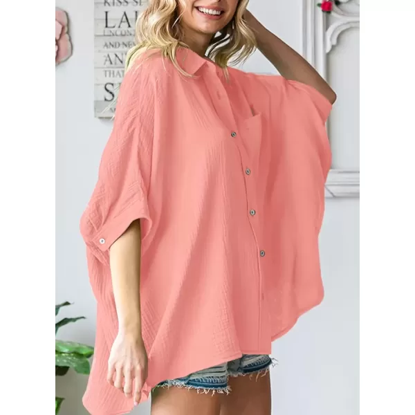 imageAstylish Women 2024 Oversized Button Down Shirt 34 Sleeve Blouse VNeck Textured TopsZa Pink
