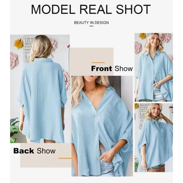imageAstylish Women 2024 Oversized Button Down Shirt 34 Sleeve Blouse VNeck Textured TopsZa Sky Blue