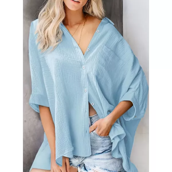 imageAstylish Women 2024 Oversized Button Down Shirt 34 Sleeve Blouse VNeck Textured TopsZa Sky Blue