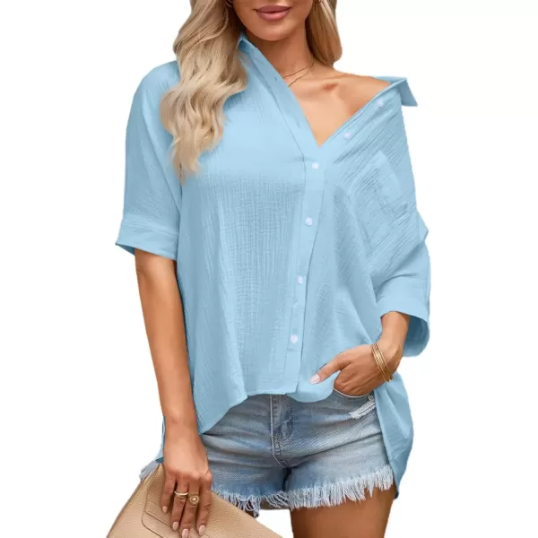 imageAstylish Women 2024 Oversized Button Down Shirt 34 Sleeve Blouse VNeck Textured TopsZa Sky Blue