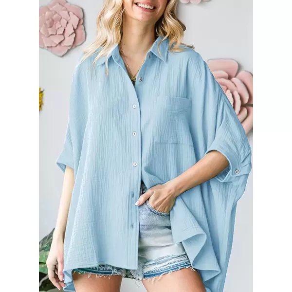 imageAstylish Women 2024 Oversized Button Down Shirt 34 Sleeve Blouse VNeck Textured TopsZa Sky Blue