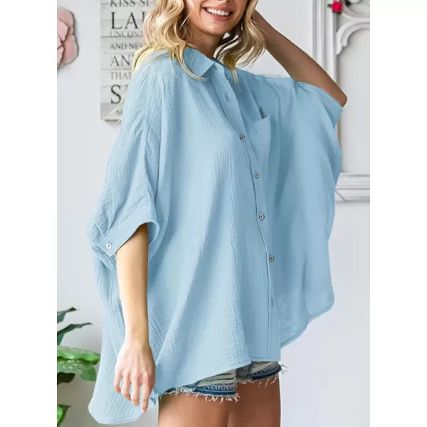 imageAstylish Women 2024 Oversized Button Down Shirt 34 Sleeve Blouse VNeck Textured TopsZa Sky Blue