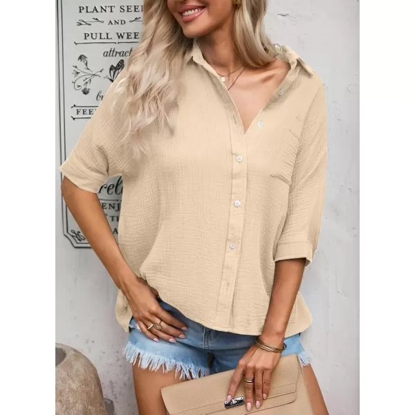 imageAstylish Women 2024 Oversized Button Down Shirt 34 Sleeve Blouse VNeck Textured TopsZb Beige