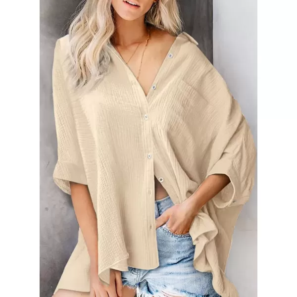 imageAstylish Women 2024 Oversized Button Down Shirt 34 Sleeve Blouse VNeck Textured TopsZb Beige