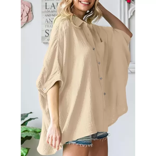 imageAstylish Women 2024 Oversized Button Down Shirt 34 Sleeve Blouse VNeck Textured TopsZb Beige