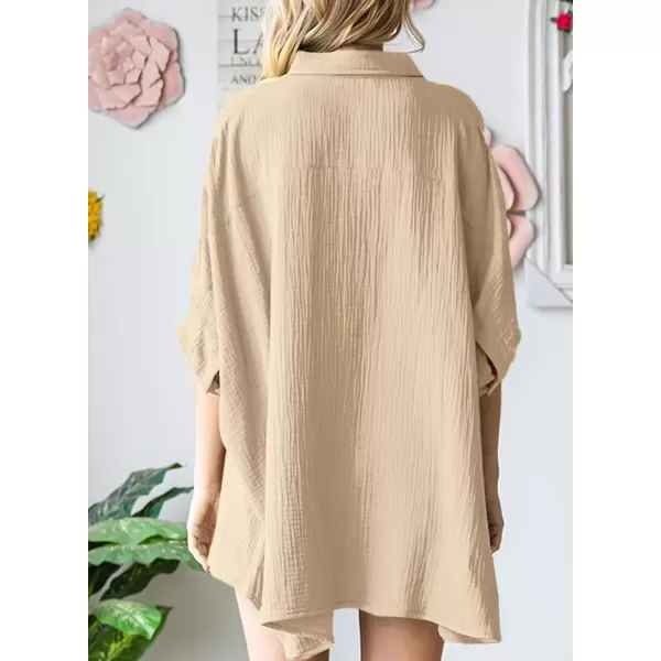 imageAstylish Women 2024 Oversized Button Down Shirt 34 Sleeve Blouse VNeck Textured TopsZb Beige