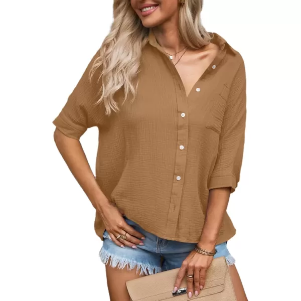 imageAstylish Women 2024 Oversized Button Down Shirt 34 Sleeve Blouse VNeck Textured TopsZb Camel