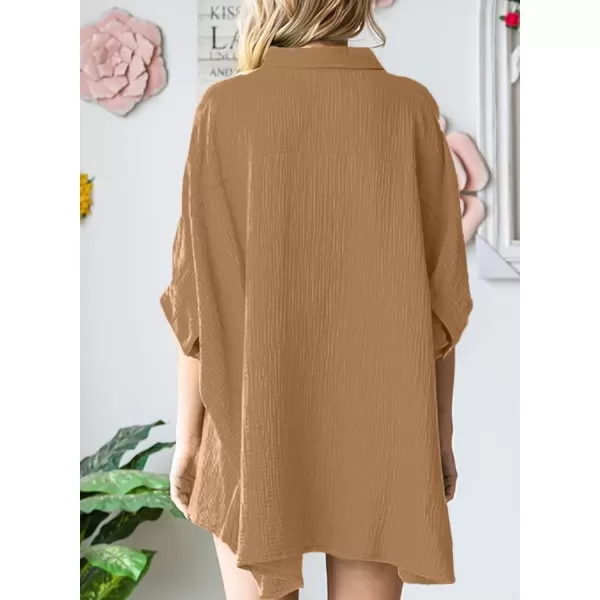 imageAstylish Women 2024 Oversized Button Down Shirt 34 Sleeve Blouse VNeck Textured TopsZb Camel