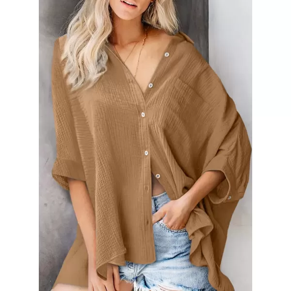 imageAstylish Women 2024 Oversized Button Down Shirt 34 Sleeve Blouse VNeck Textured TopsZb Camel