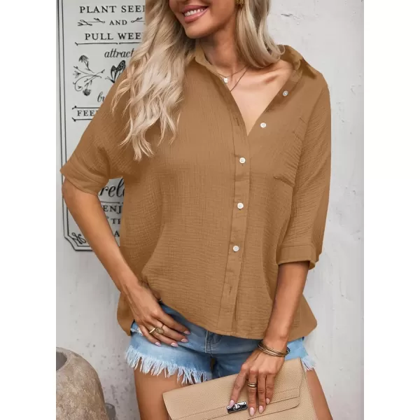 imageAstylish Women 2024 Oversized Button Down Shirt 34 Sleeve Blouse VNeck Textured TopsZb Camel