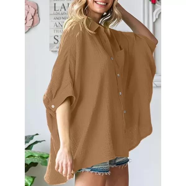 imageAstylish Women 2024 Oversized Button Down Shirt 34 Sleeve Blouse VNeck Textured TopsZb Camel