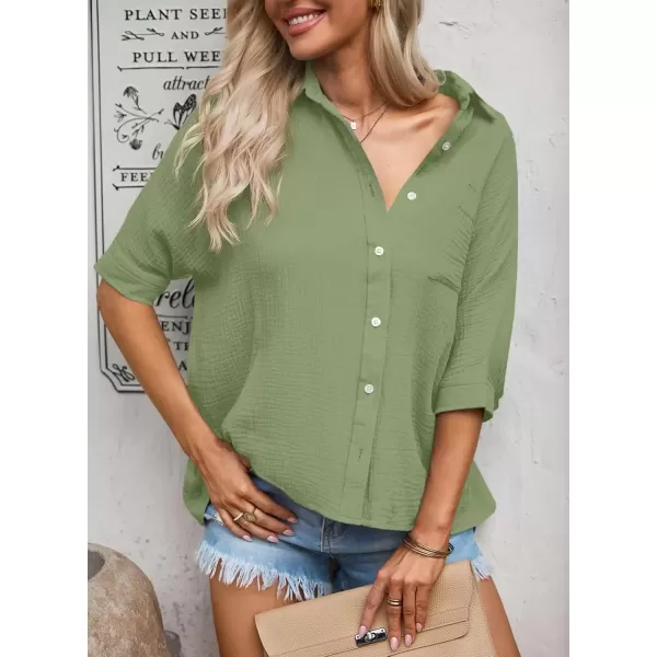 imageAstylish Women 2024 Oversized Button Down Shirt 34 Sleeve Blouse VNeck Textured TopsZb Grass Green