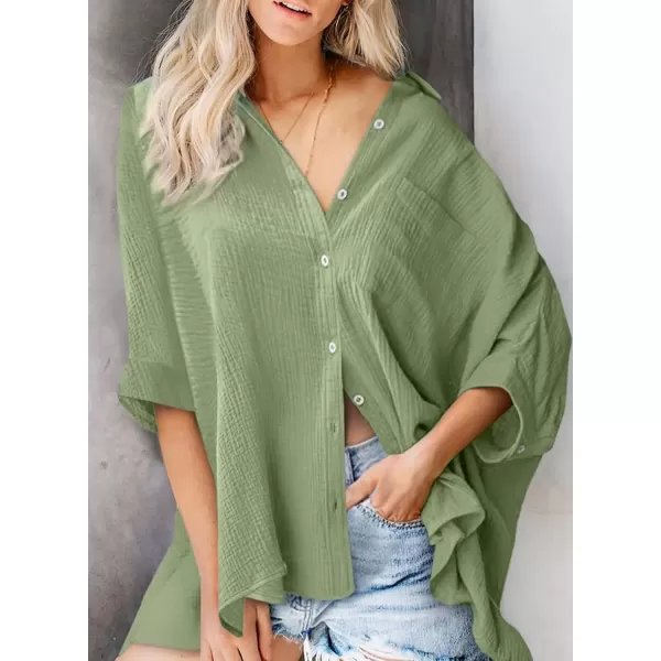 imageAstylish Women 2024 Oversized Button Down Shirt 34 Sleeve Blouse VNeck Textured TopsZb Grass Green