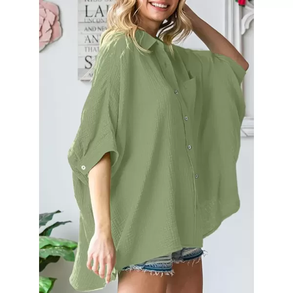 imageAstylish Women 2024 Oversized Button Down Shirt 34 Sleeve Blouse VNeck Textured TopsZb Grass Green