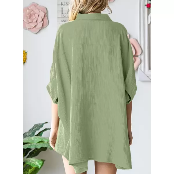 imageAstylish Women 2024 Oversized Button Down Shirt 34 Sleeve Blouse VNeck Textured TopsZb Grass Green