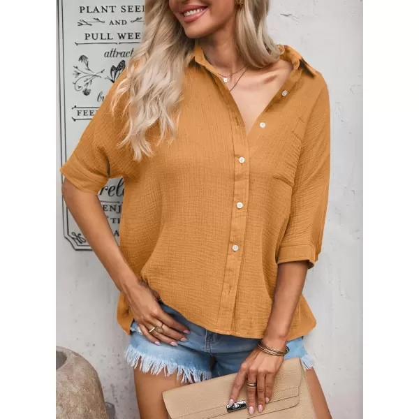 imageAstylish Women 2024 Oversized Button Down Shirt 34 Sleeve Blouse VNeck Textured TopsZc Grapefruit Orange