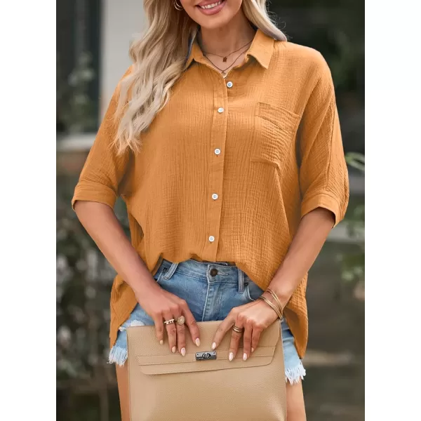 imageAstylish Women 2024 Oversized Button Down Shirt 34 Sleeve Blouse VNeck Textured TopsZc Grapefruit Orange
