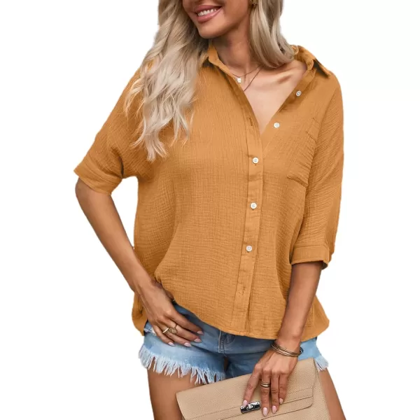 imageAstylish Women 2024 Oversized Button Down Shirt 34 Sleeve Blouse VNeck Textured TopsZc Grapefruit Orange