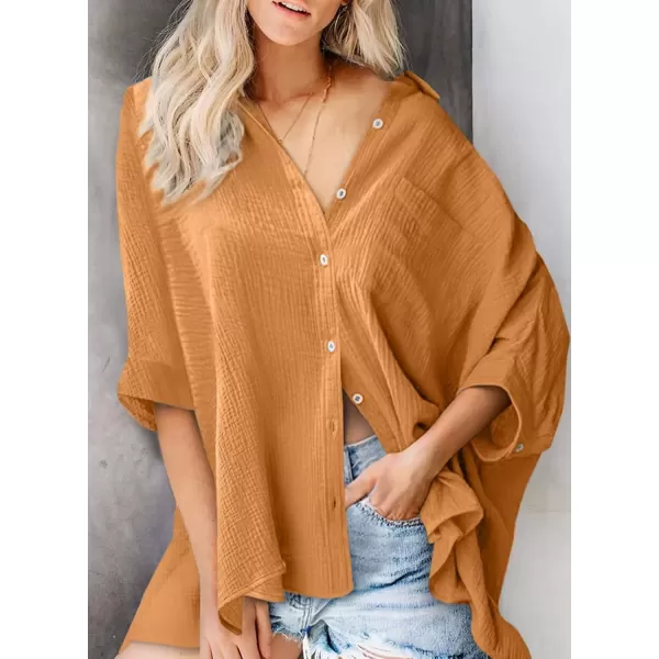 imageAstylish Women 2024 Oversized Button Down Shirt 34 Sleeve Blouse VNeck Textured TopsZc Grapefruit Orange