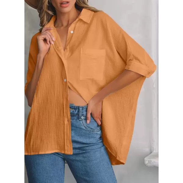 imageAstylish Women 2024 Oversized Button Down Shirt 34 Sleeve Blouse VNeck Textured TopsZc Grapefruit Orange