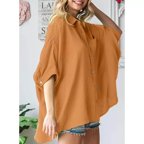 imageAstylish Women 2024 Oversized Button Down Shirt 34 Sleeve Blouse VNeck Textured TopsZc Grapefruit Orange