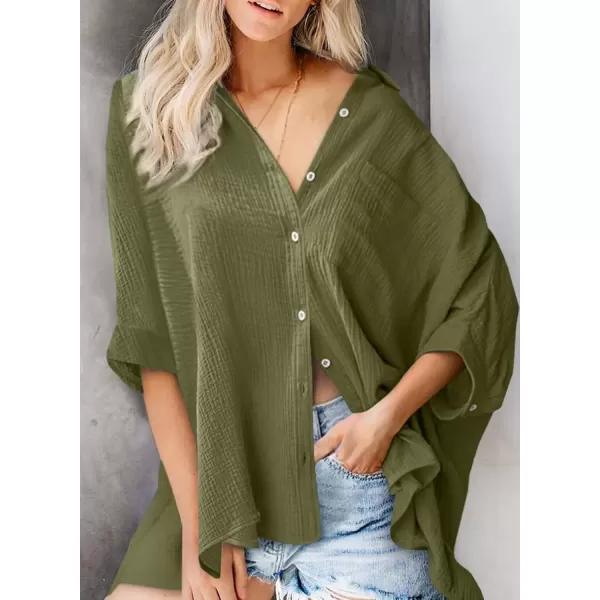 imageAstylish Women 2024 Oversized Button Down Shirt 34 Sleeve Blouse VNeck Textured TopsZc Jungle Green