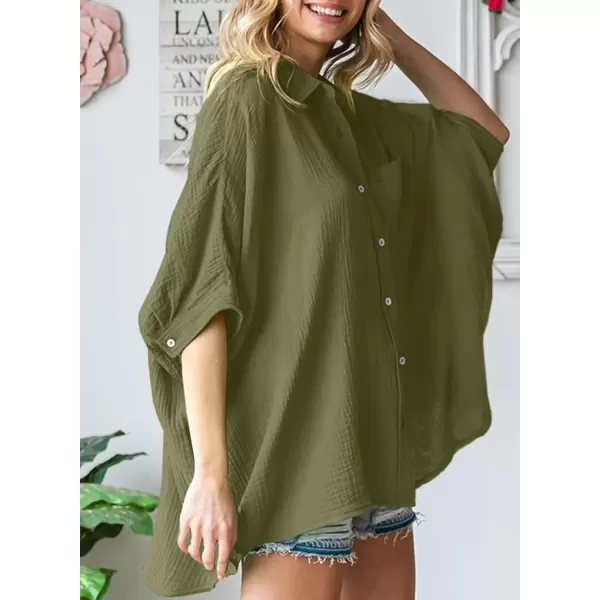 imageAstylish Women 2024 Oversized Button Down Shirt 34 Sleeve Blouse VNeck Textured TopsZc Jungle Green