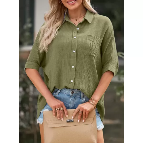 imageAstylish Women 2024 Oversized Button Down Shirt 34 Sleeve Blouse VNeck Textured TopsZc Jungle Green