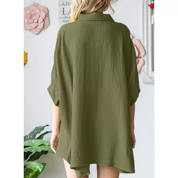 imageAstylish Women 2024 Oversized Button Down Shirt 34 Sleeve Blouse VNeck Textured TopsZc Jungle Green