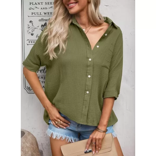 imageAstylish Women 2024 Oversized Button Down Shirt 34 Sleeve Blouse VNeck Textured TopsZc Jungle Green
