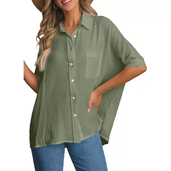 imageAstylish Women 2024 Oversized Button Down Shirt 34 Sleeve Blouse VNeck Textured TopsZc Jungle Green