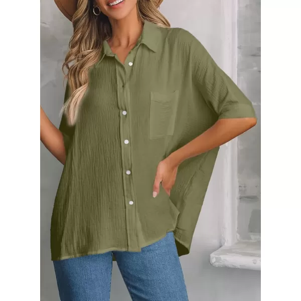 imageAstylish Women 2024 Oversized Button Down Shirt 34 Sleeve Blouse VNeck Textured TopsZc Jungle Green