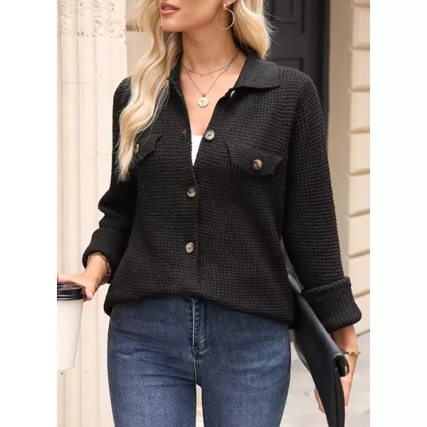 imageAstylish Women 2024 Waffle Knit Shacket Jacket Casual Long Sleeve Sweater Button Down Shirts Dressy Blouse TopsBlack