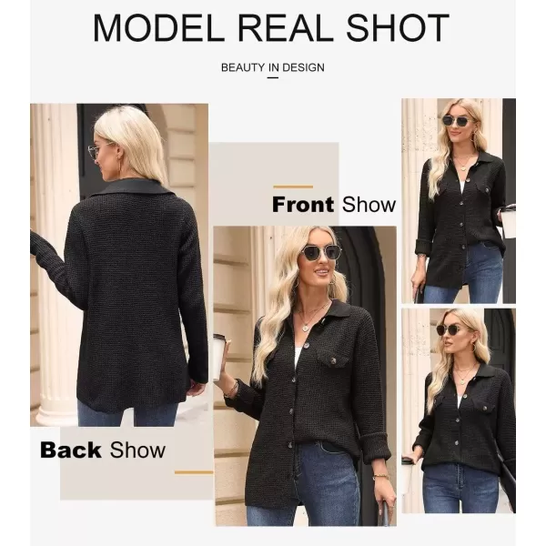 imageAstylish Women 2024 Waffle Knit Shacket Jacket Casual Long Sleeve Sweater Button Down Shirts Dressy Blouse TopsBlack