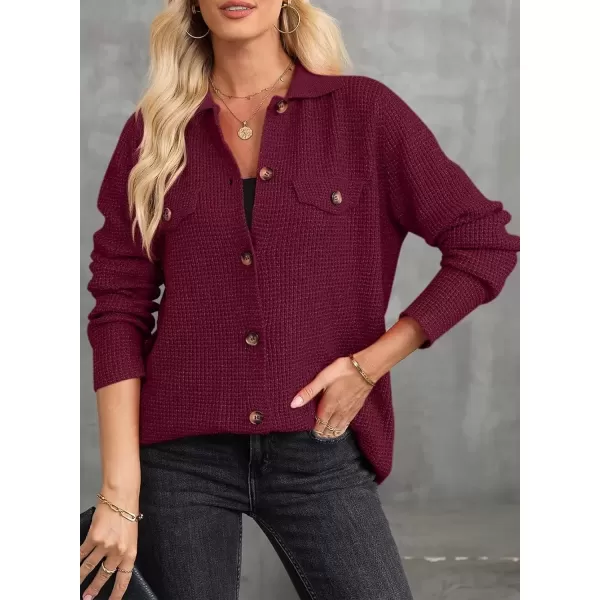 imageAstylish Women 2024 Waffle Knit Shacket Jacket Casual Long Sleeve Sweater Button Down Shirts Dressy Blouse TopsBurgundy