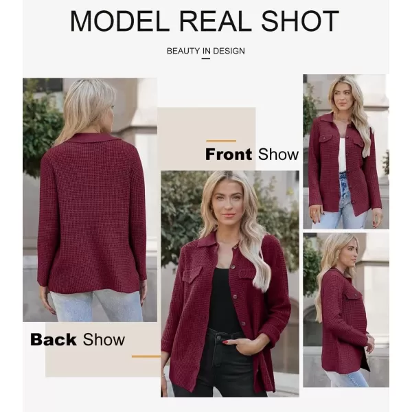 imageAstylish Women 2024 Waffle Knit Shacket Jacket Casual Long Sleeve Sweater Button Down Shirts Dressy Blouse TopsBurgundy