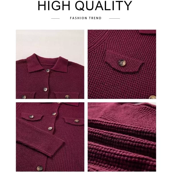 imageAstylish Women 2024 Waffle Knit Shacket Jacket Casual Long Sleeve Sweater Button Down Shirts Dressy Blouse TopsBurgundy