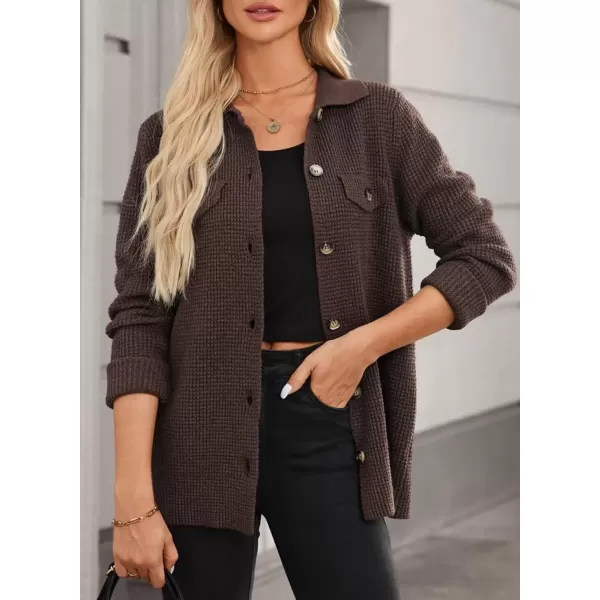 imageAstylish Women 2024 Waffle Knit Shacket Jacket Casual Long Sleeve Sweater Button Down Shirts Dressy Blouse TopsCoffee