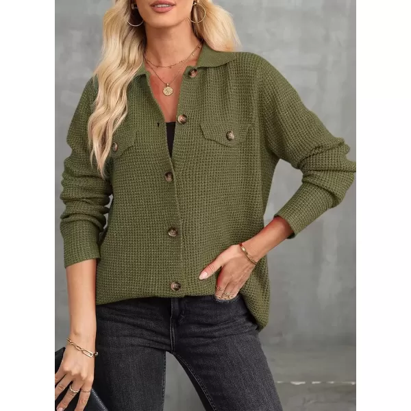 imageAstylish Women 2024 Waffle Knit Shacket Jacket Casual Long Sleeve Sweater Button Down Shirts Dressy Blouse TopsJungle Green