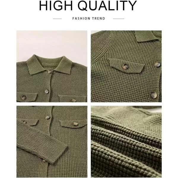 imageAstylish Women 2024 Waffle Knit Shacket Jacket Casual Long Sleeve Sweater Button Down Shirts Dressy Blouse TopsJungle Green